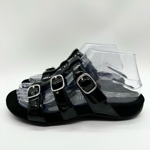Vionic Misa Strappy Buckle Slide Sandals Black Patent Sz 6 Minimal Office Dressy - Picture 7 of 11